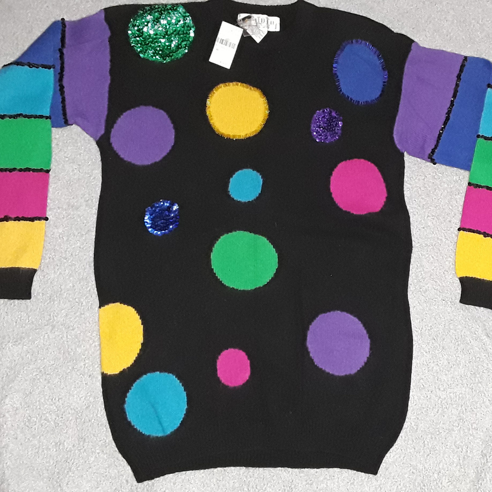 NWT Black Vintage 80's Sequined Sweater With Multi Color Circles & Stripes